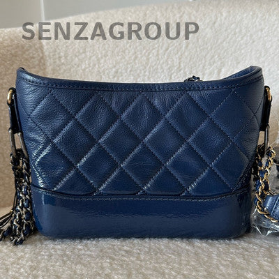 Chanel Small Navy Blue Gabrielle Hobo Bag with Gold Chain and Quilted Pattern