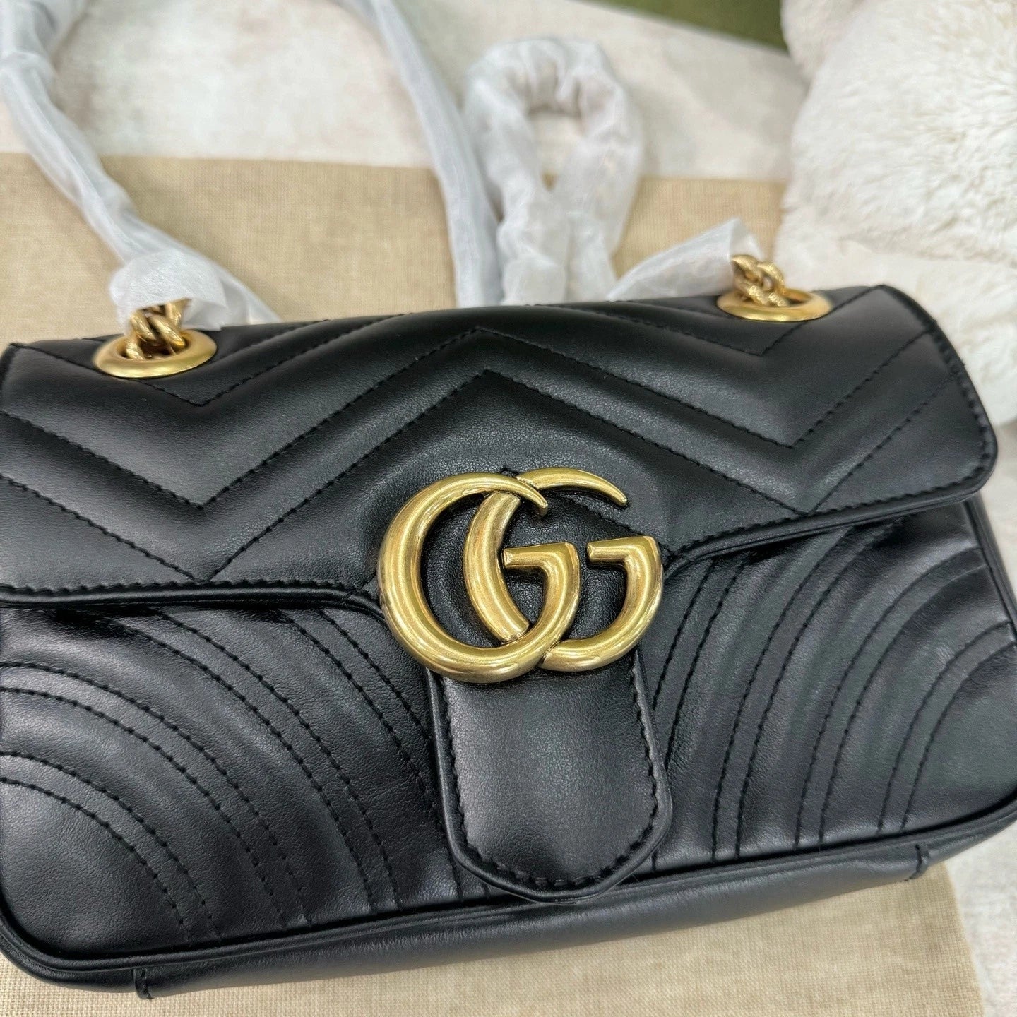 Gucci Calfskin Marmont 22 Black Gold Shoulder Bag For Women
