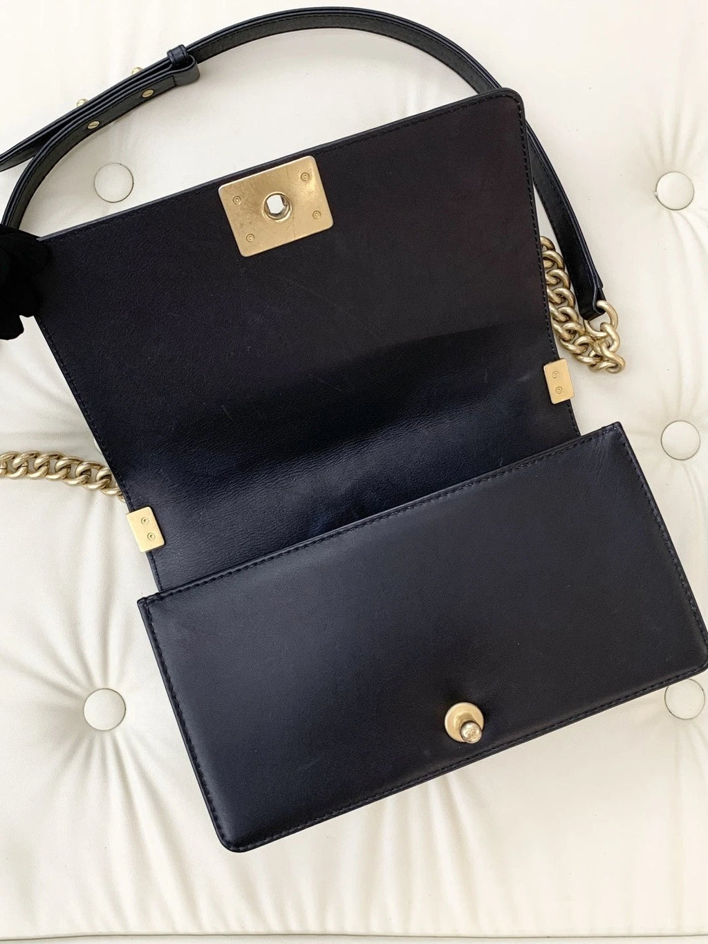 Chanel Leboy MM Chain Shoulder Bag Crossbody Black Gold Diamond Women Classic S