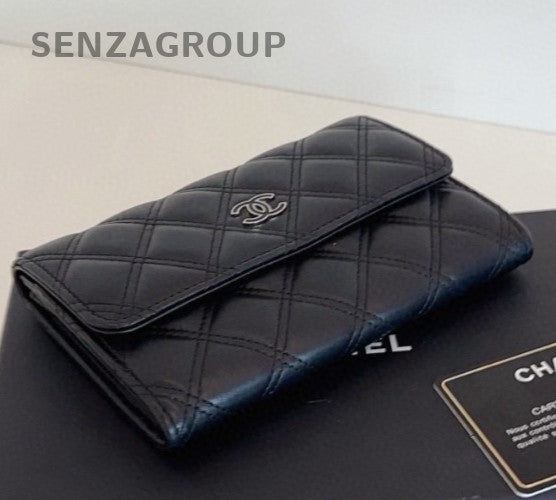 Chanel Diamond Wallet Black Silver Used Women Classic
