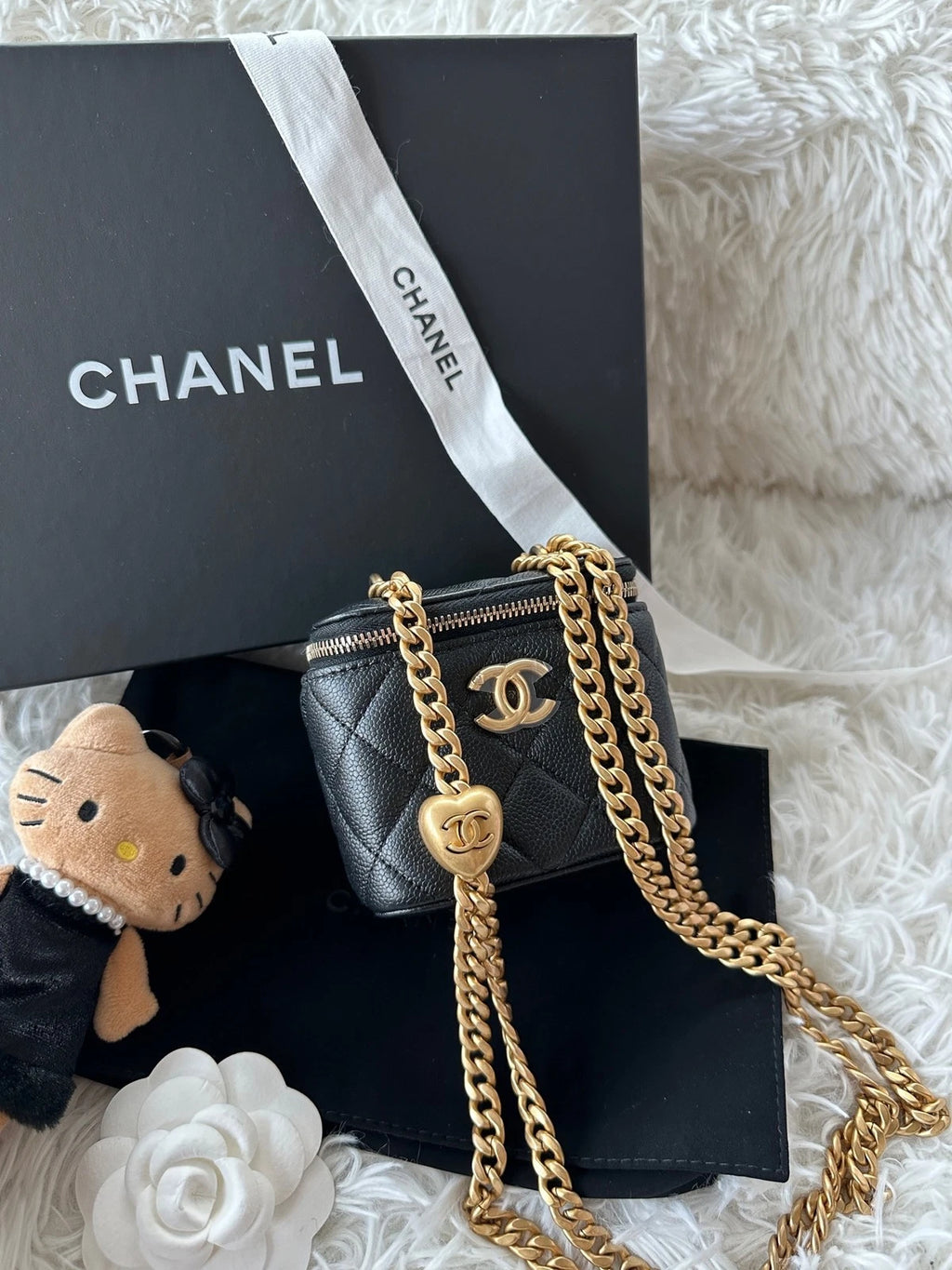 Chanel Black Leather Heart Button Mini Square Box Bag For Women
