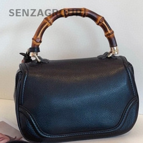 Gucci Bamboo Calfskin Fringed Top Handle Bag Crossbody Black Gold Women Classic
