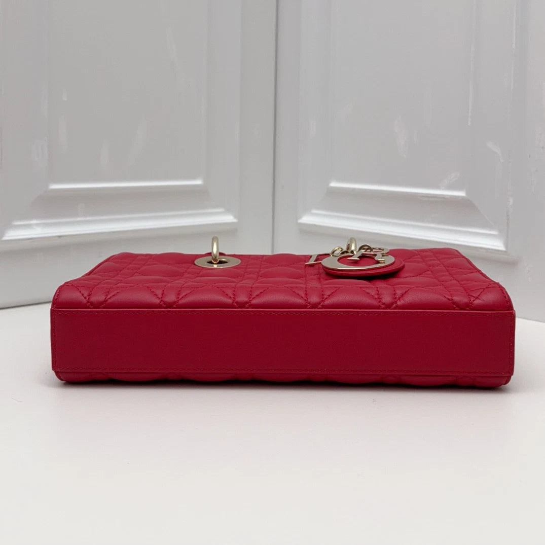 Christian Dior Lady Dior Cannage Top Handle Crossbody Red Gold Women Classic