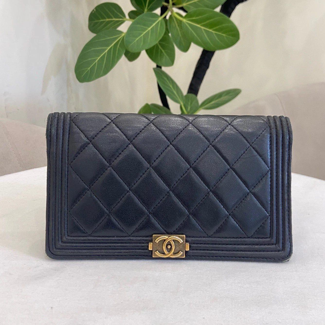 Chanel Leboy Diamond Long Wallet Black Gold Used Women Classic