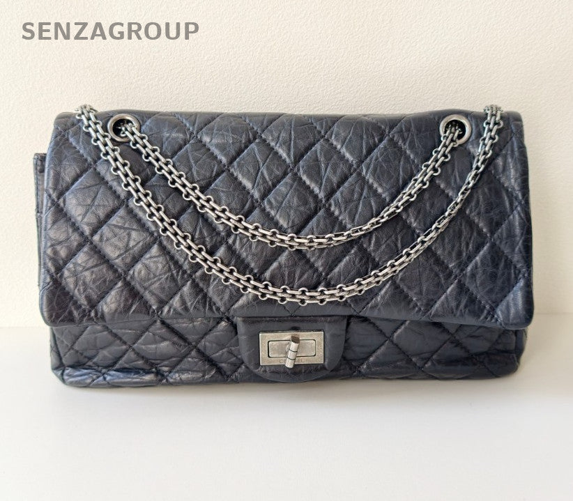 Chanel 2.55 Chain Calfskin Shoulder Bag Black Silver Women Classic Diamond