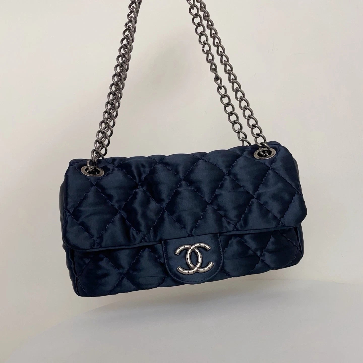Chanel Classic Flap CF Satin Shoulder &amp; Crossbody Bag Deep Blue Classic