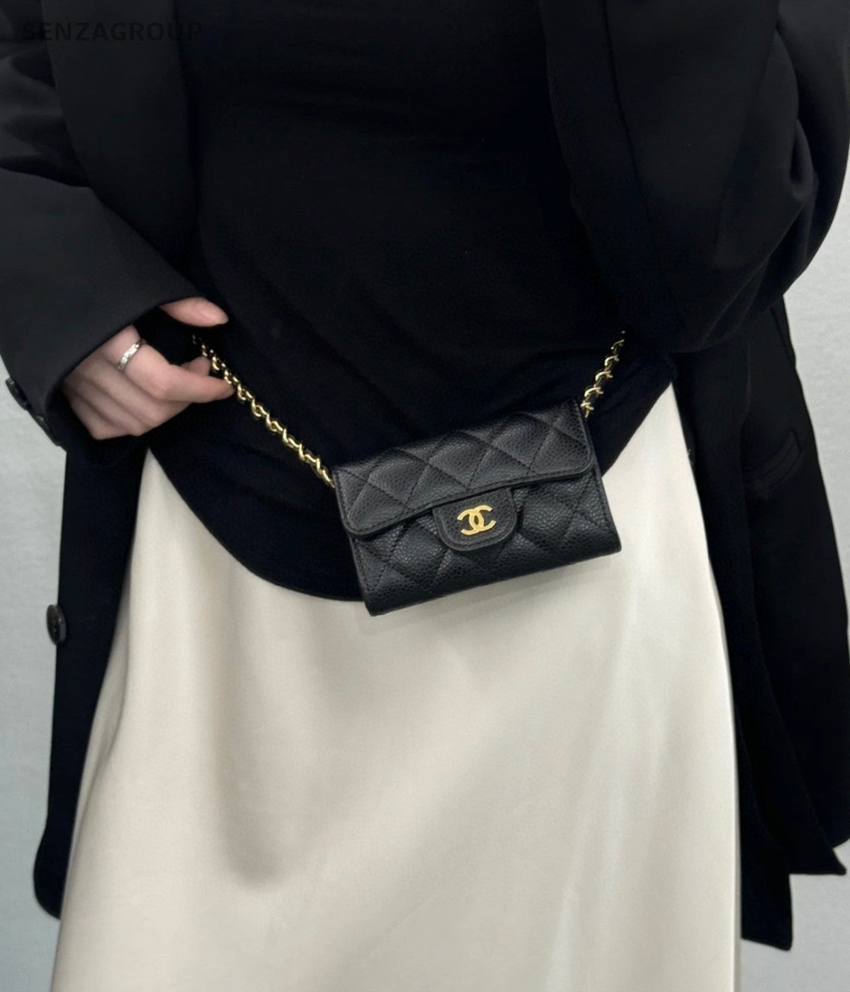 CHANEL Classic Flap Black gold litchi cowhide card case Coin purse women
