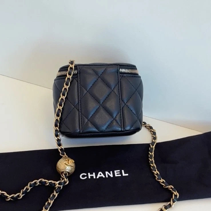 Authentic Chanel Black Vanity Case Diamond Crossbody Bag with Gold Ball Chain