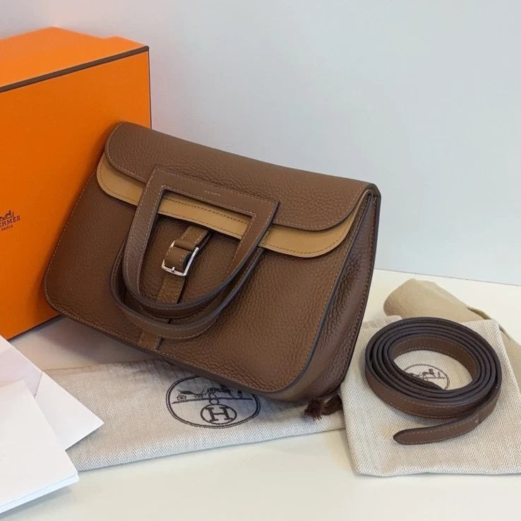 Hermes Halzan25 Shoulder Bag Crossbody Brown Silver Women Classic