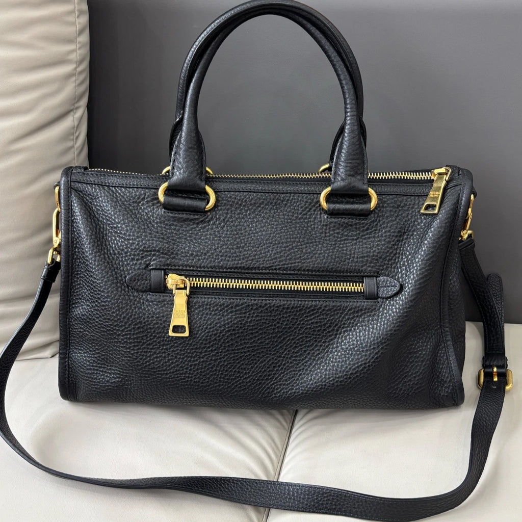 Prada Tote Black 2Ways Top Handle Shoulder Bag Gold Hardware Women Classic