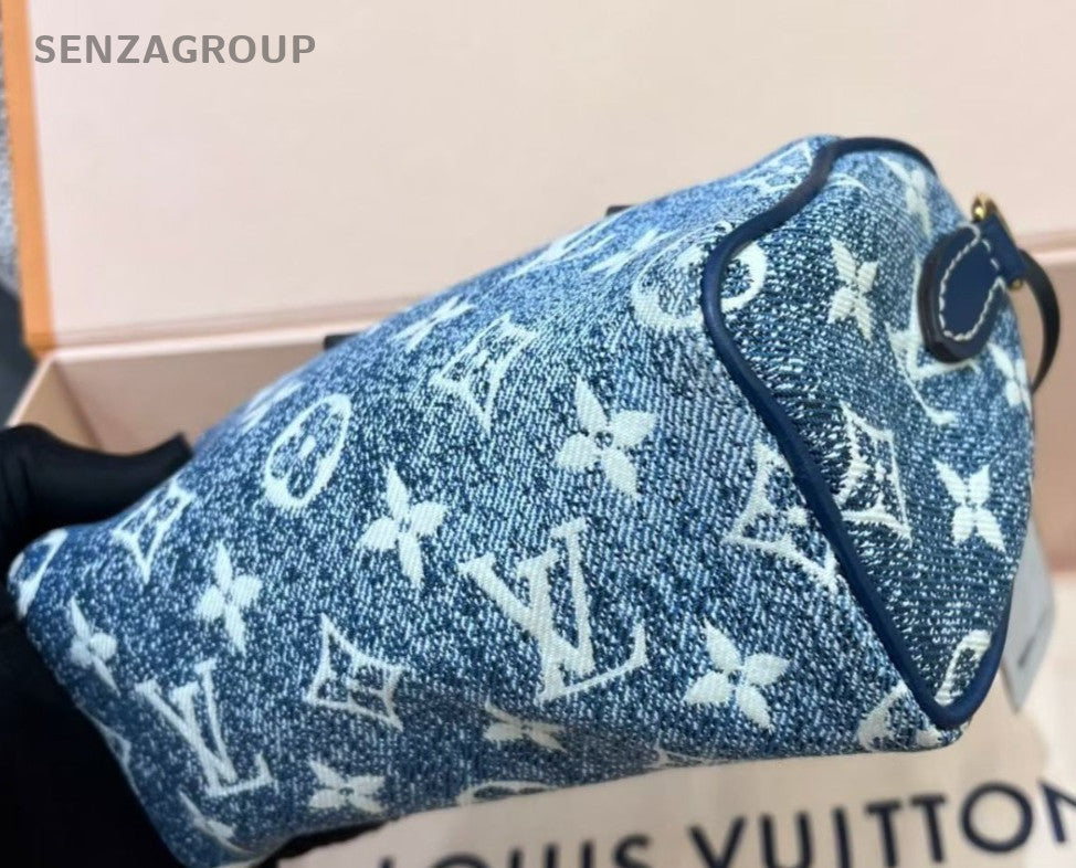 Louis Vuitton Speedy Nano Denim Monogram Top Handle Crossbody Blue Gold Women