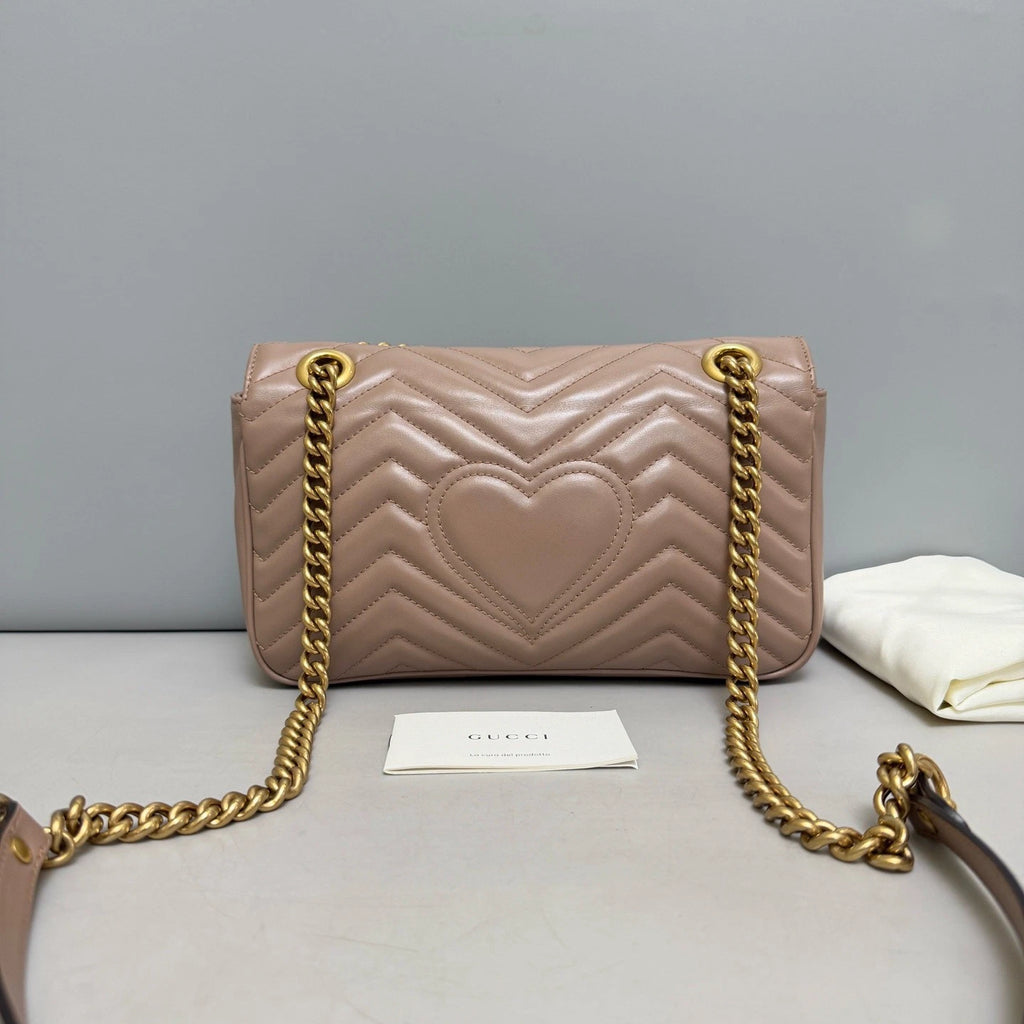 Authentic Gucci Marmont MM Calfskin Chain Shoulder Crossbody Bag Beige GHD