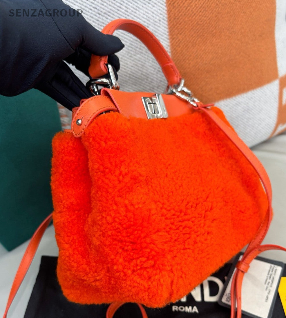 Fendi  Peekaboo PM Lambskin Top Handle Bag Crossbody Orange Silver Women