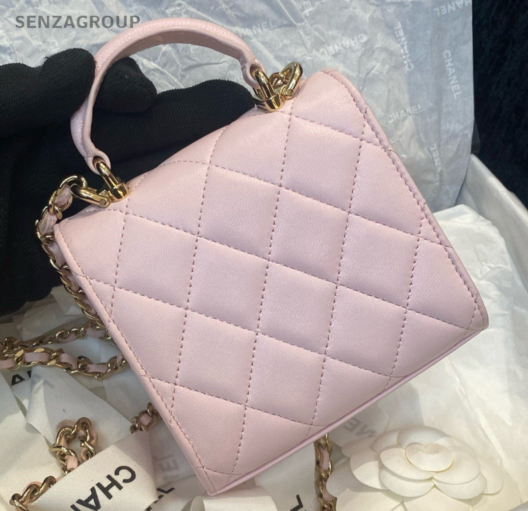 Chanel Diamond Mini Top Handle Bag Chain Crossbody Pink Gold Women Fashion