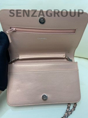 Chanel Pink Silver Hardware V-Stitch WOC Calfskin Chain Shoulder Bag