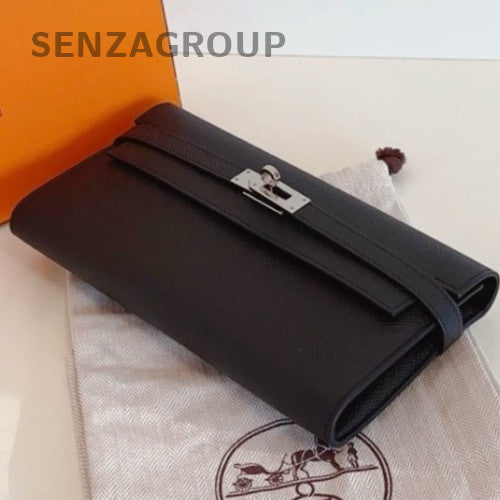 Hermes Kelly Long Wallet Epsom Leather Clutch Black Silver Women Classic Fashion