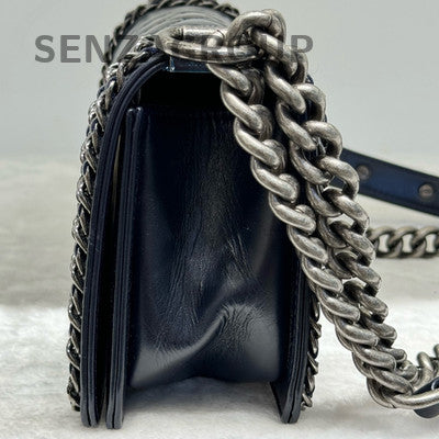 Chanel Le Boy Small Navy Blue Silver Hardware Quilted Chain Shoulder Bag