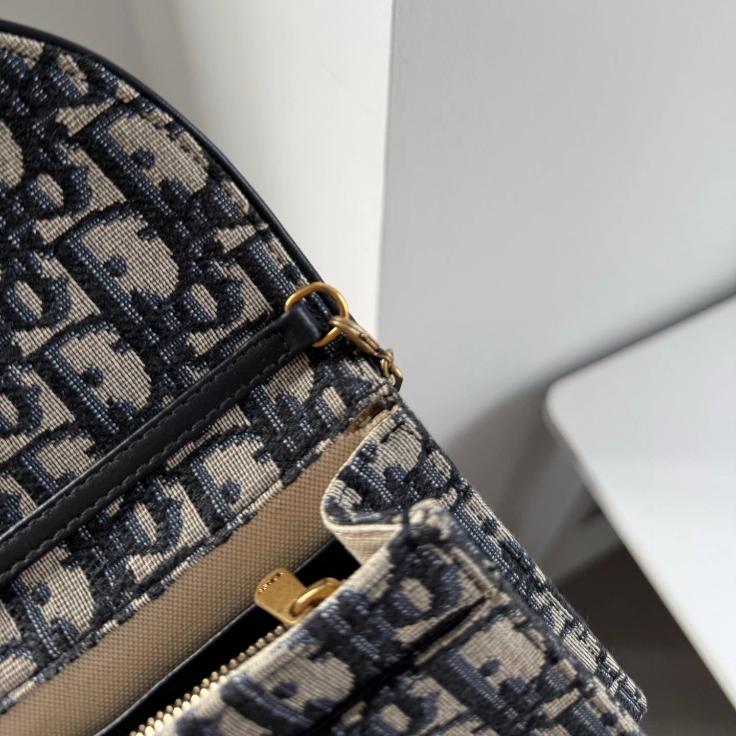 Dior Saddle Canvas Gold Blue Shoulder Bag Chain Bag Excellent