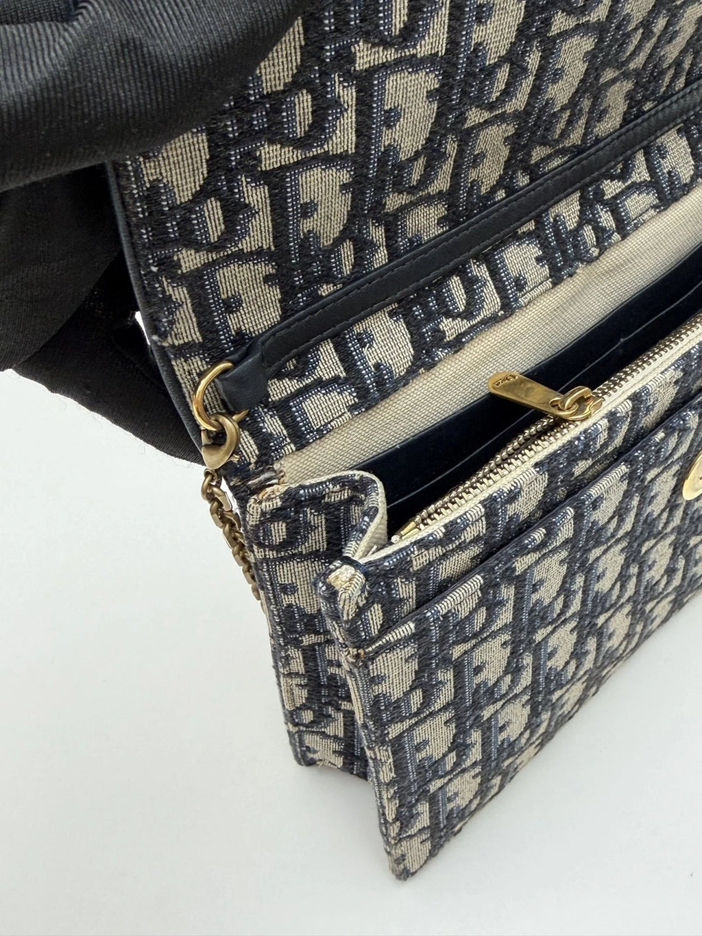 Christian Dior Oblique Canvas WOC Gold Chain Navy Shoulder Bag Crossbody