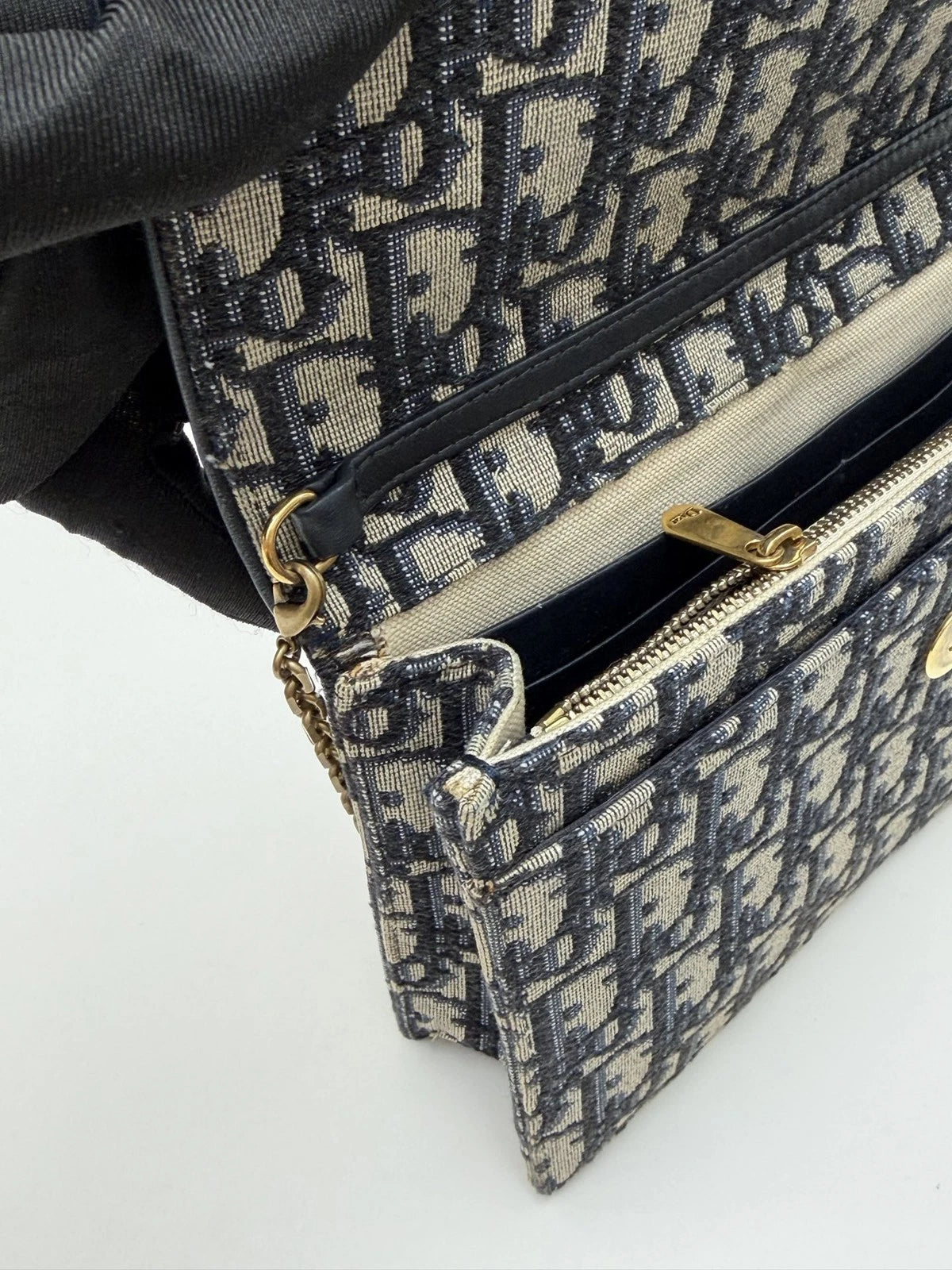 Christian Dior Oblique Canvas WOC Gold Chain Navy Shoulder Bag Crossbody