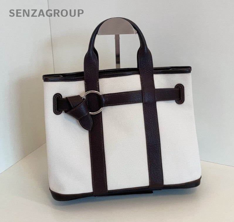 Hermes Petite GP30 Tote Top Handle Canvas Handbag White ebony black Women