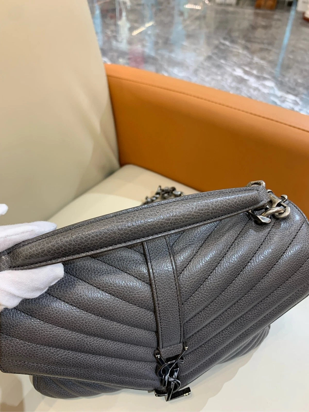 Saint Laurent Gray Leather Small Chain Messenger Bag For Women