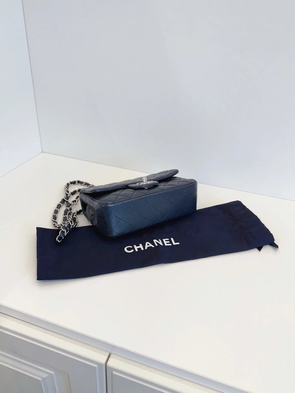Chanel Flap Mini Crossbody Shoulder Bag Black Silver Excellent