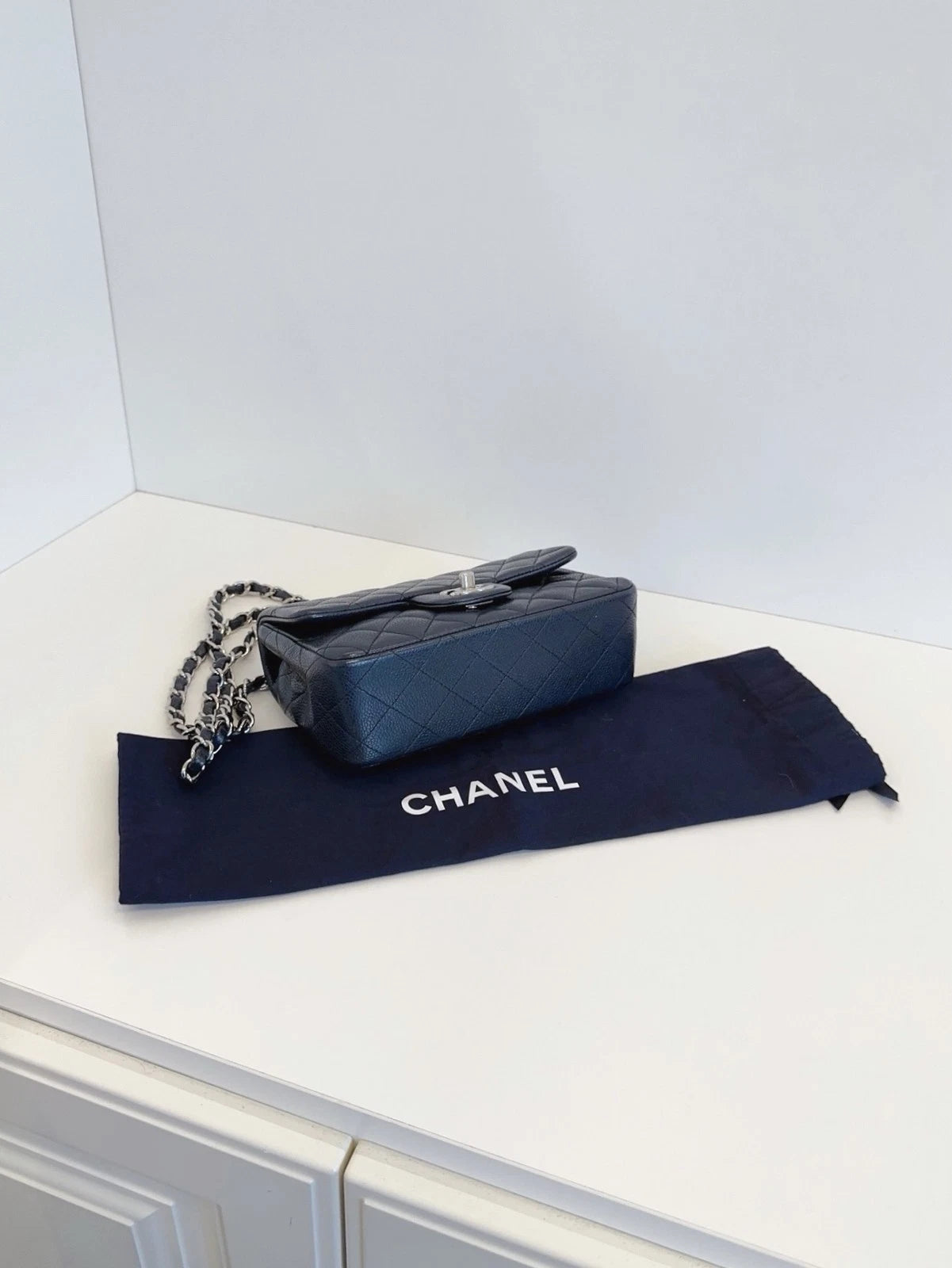 Chanel Flap Mini Crossbody Shoulder Bag Black Silver Excellent
