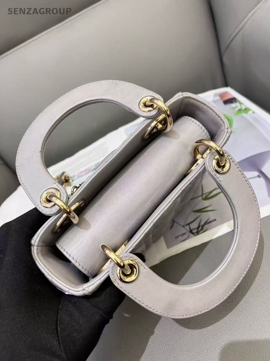 Christian Dior Lady Top Handle 2way Shoulder Handbag Gray Gold Women