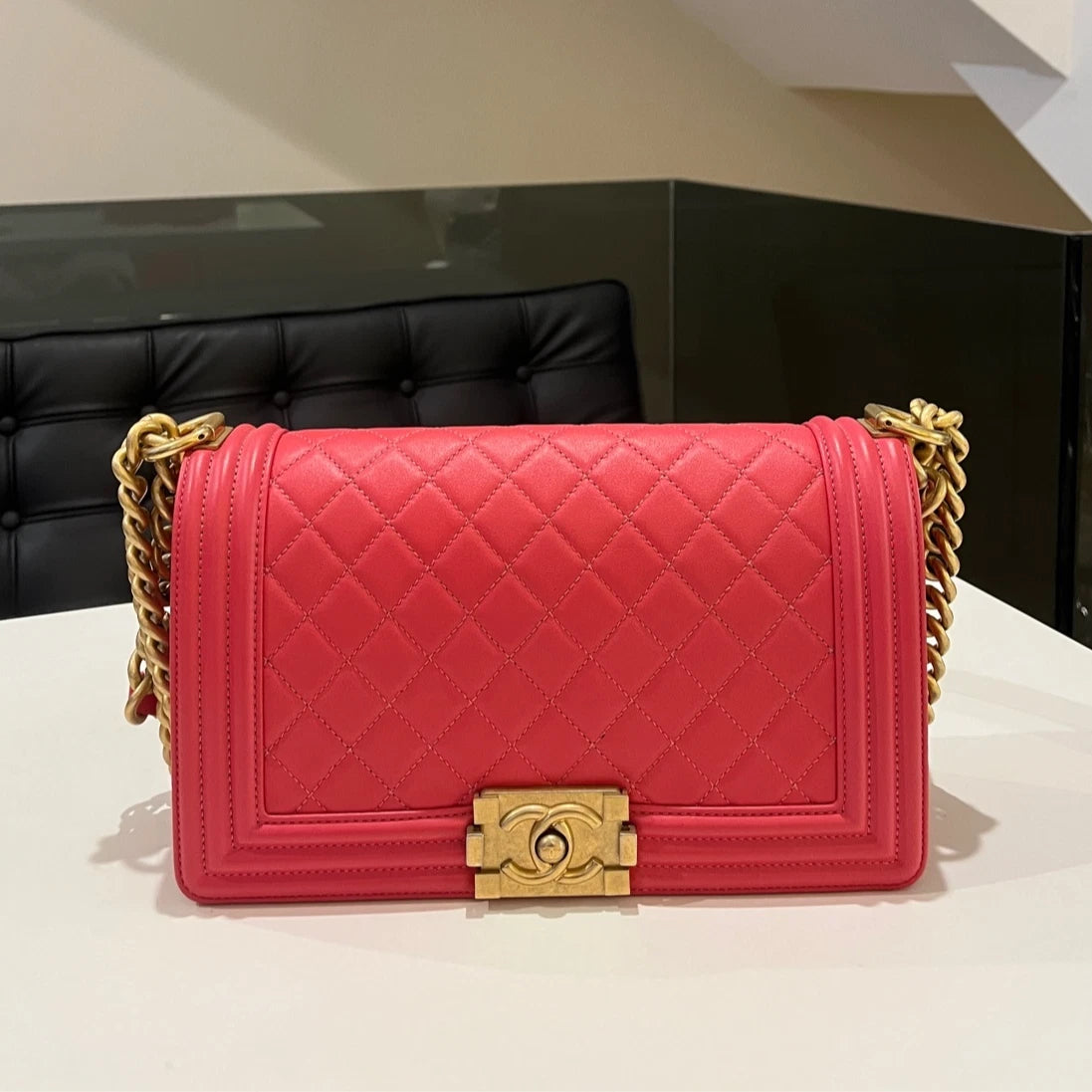 Chanel Le Boy Medium Chain Shoulder Bag Pink Gold Classic Women's