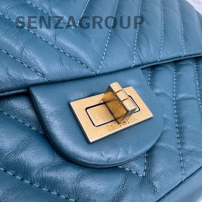 Chanel 2.55 Blue Gold Chevron Vintage Calfskin Chain Shoulder Crossbody Bag