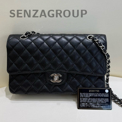 Chanel CF Black Silver Medium Chain Shoulder Bag Quilted Pattern Women Fashion