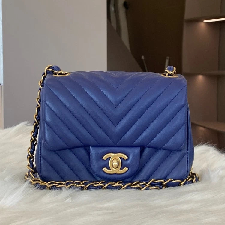 Chanel Classic Flap Blue Gold V-Pattern Chain Shoulder Bag
