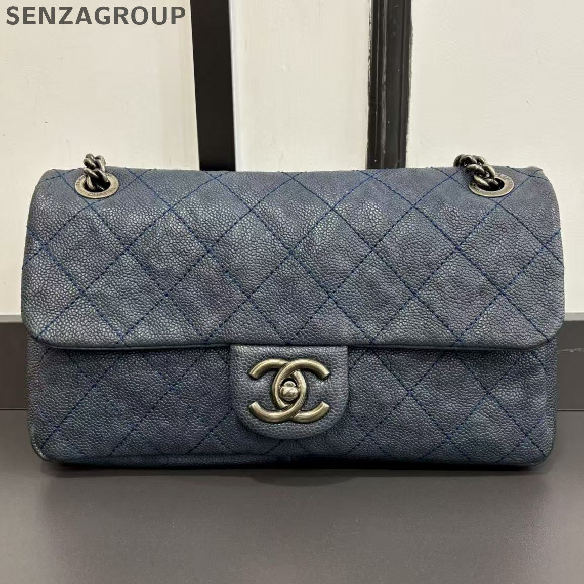 Chanel Classic Flap Blue Silver Chain Shoulder Bag Quilted Fashion Women