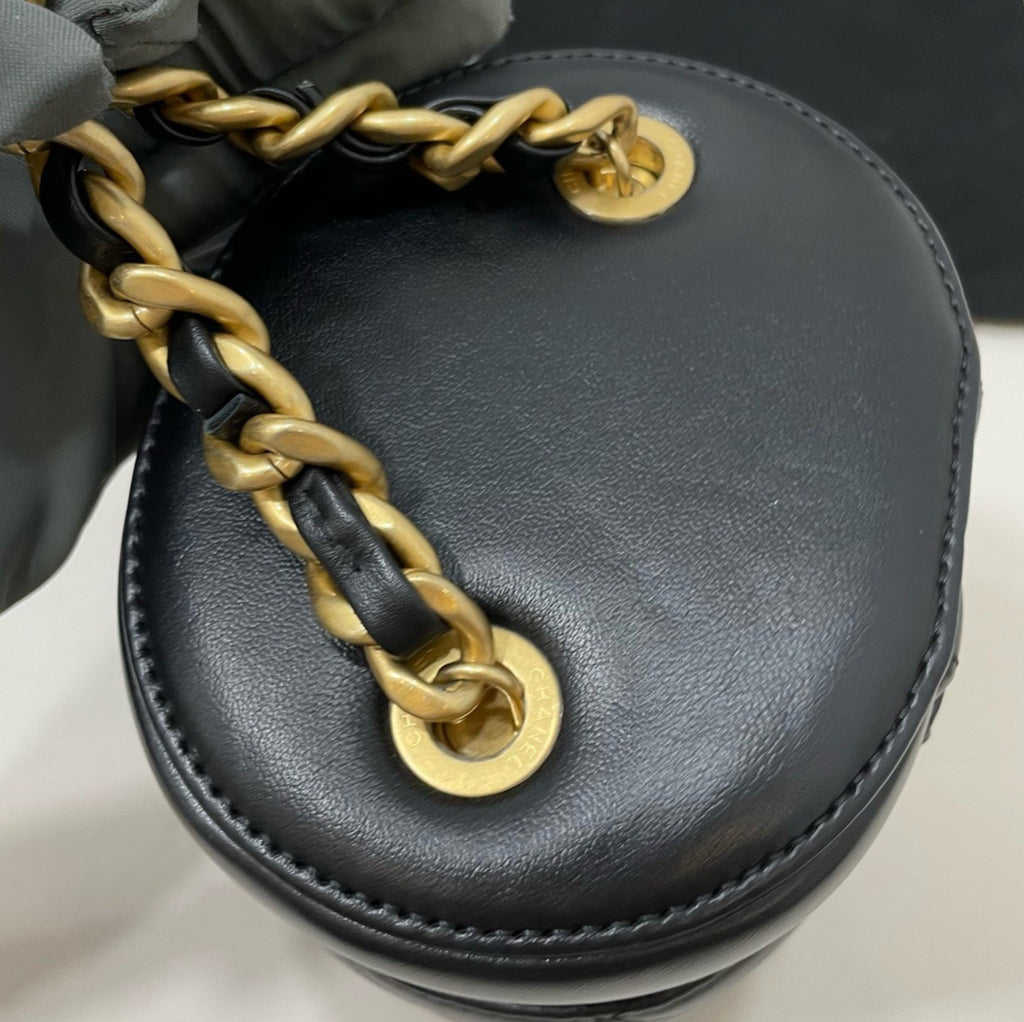 Chanel Diamond Chain Lambskin Cylinder Bag Crossbody Black Gold Women Classic