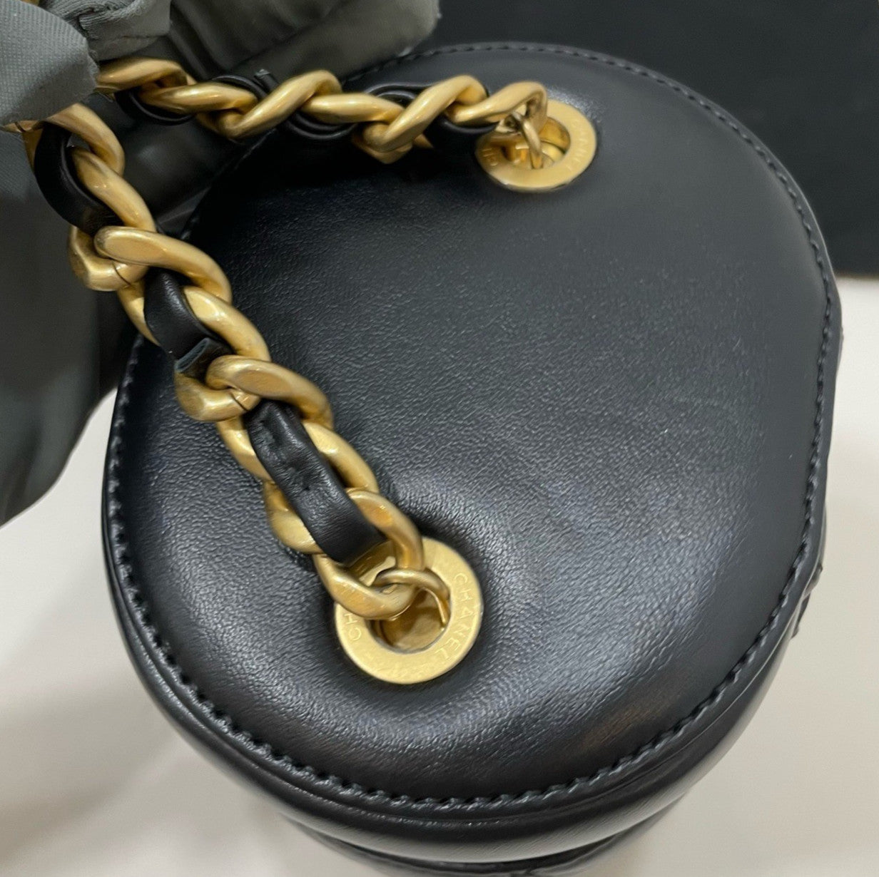 Chanel Diamond Chain Lambskin Cylinder Bag Crossbody Black Gold Women Classic