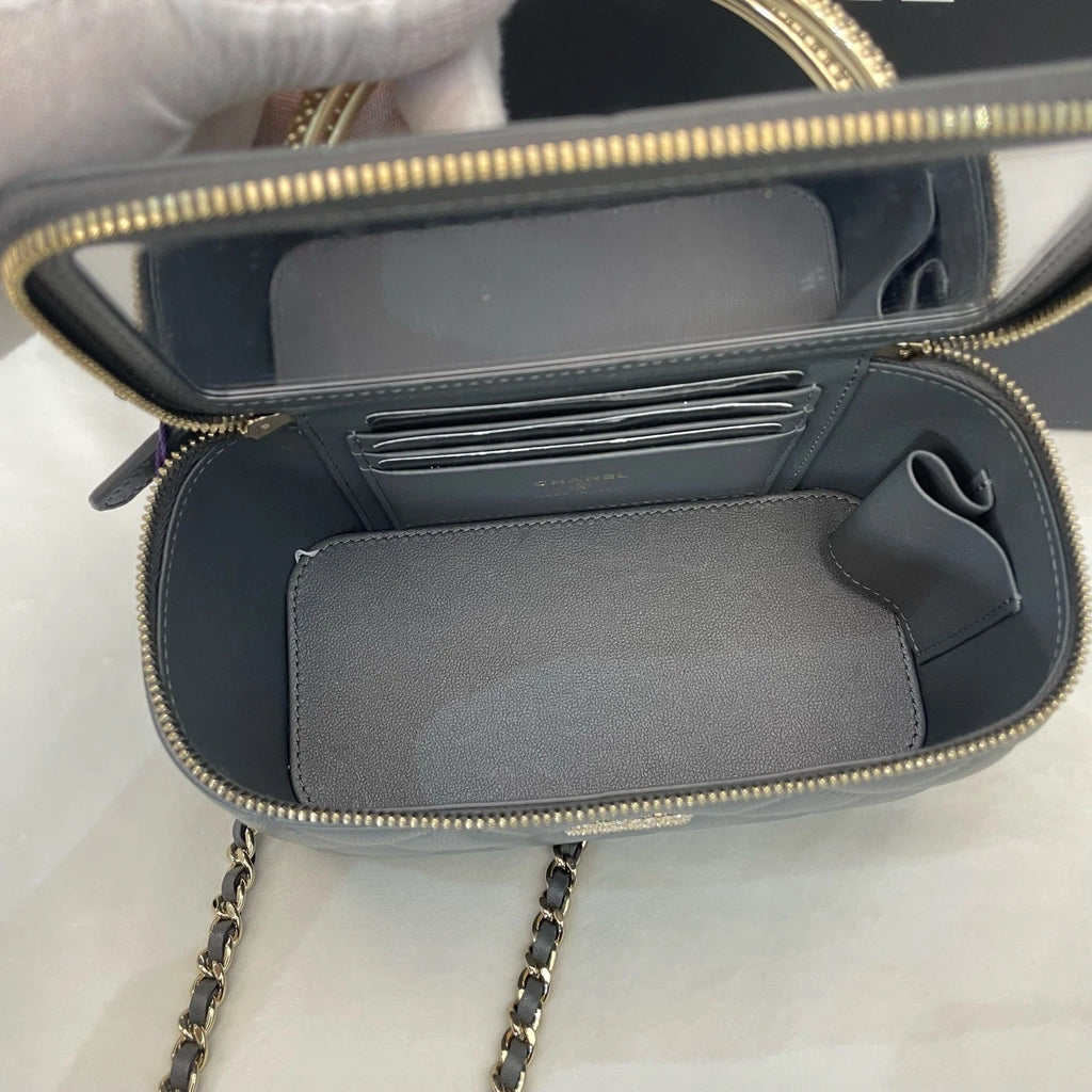 Chanel Long Box Gold Chain Gray Top Handle Crossbody Chip Version Excellent