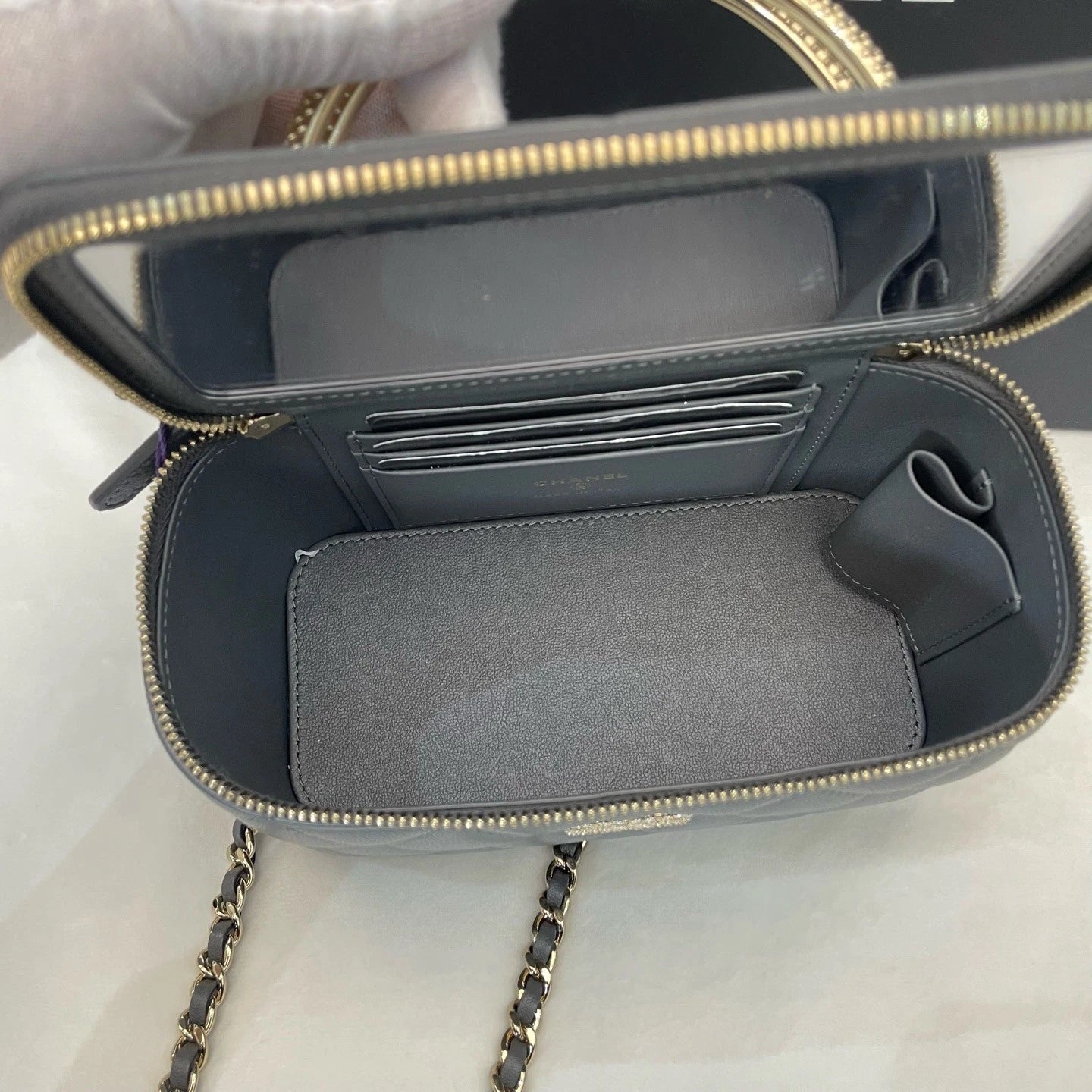 Chanel Long Box Gold Chain Gray Top Handle Crossbody Chip Version Excellent