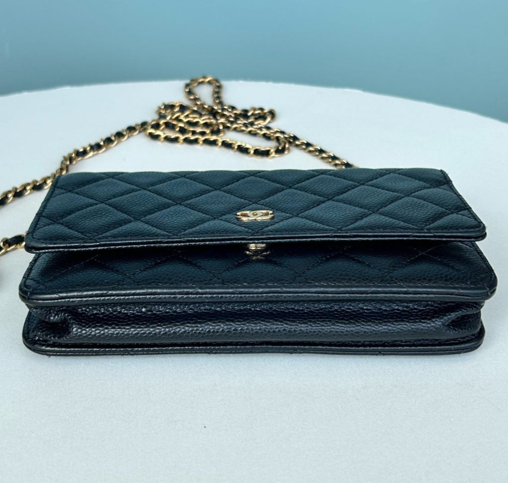 Chanel WOC Chain Calfskin Shoulder Crossbody Black Gold Women Classic Diamond