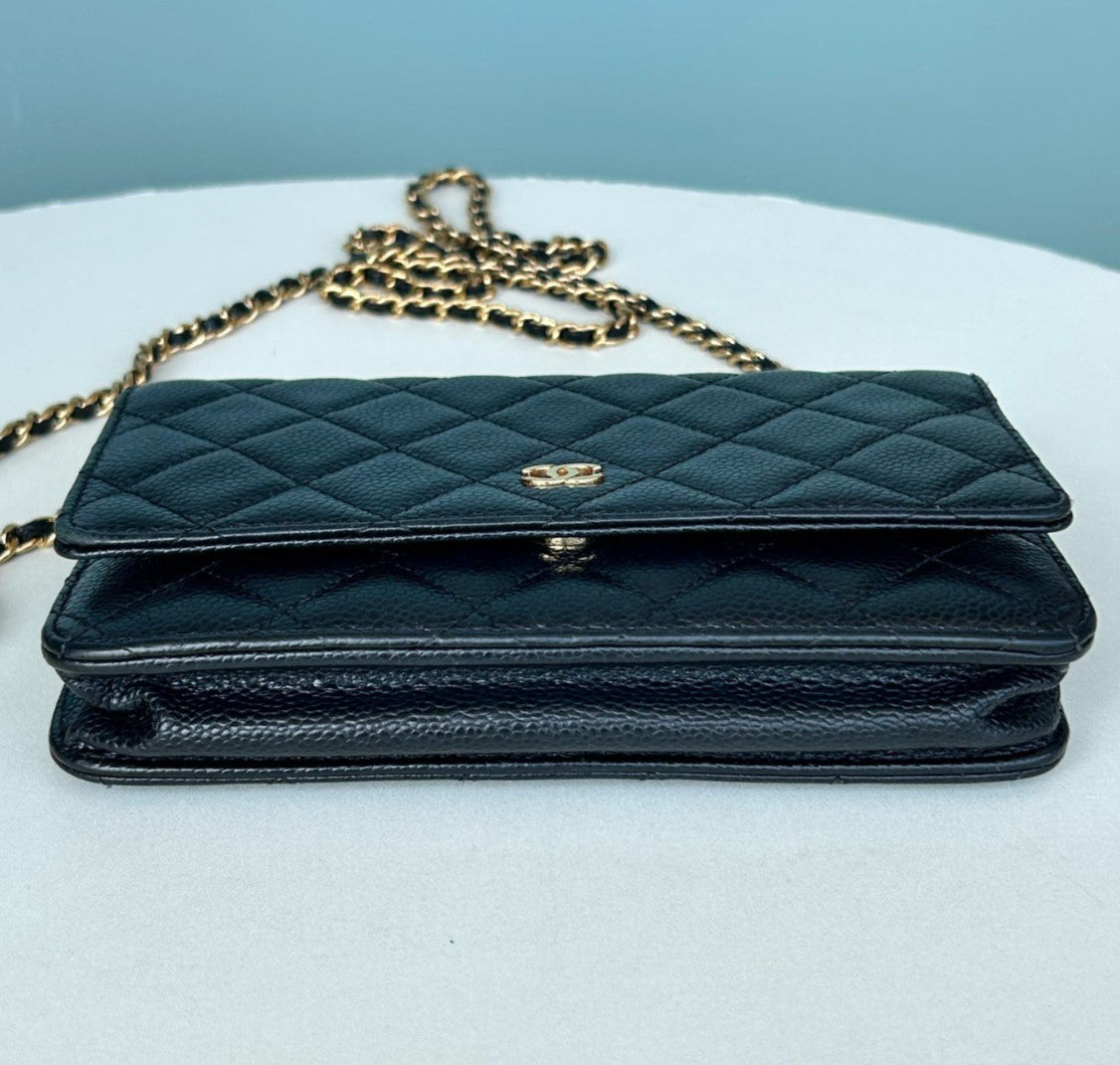 Chanel WOC Chain Calfskin Shoulder Crossbody Black Gold Women Classic Diamond