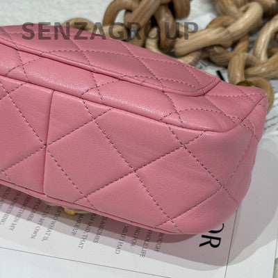 Chanel Pink Gold Lambskin Wood Chain Shoulder Bag - Classic Fashion Women