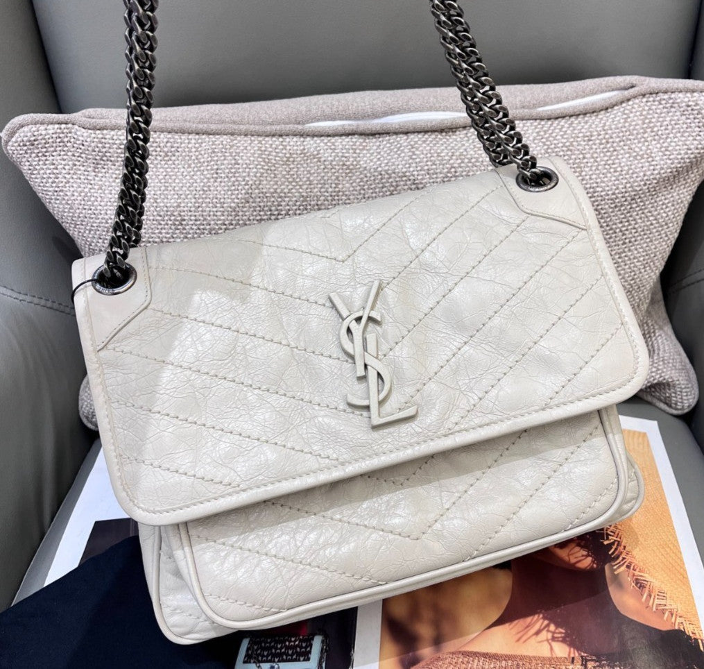 Saint Laurent Niki MM Chain Shoulder Bag White Silver Used Women Classic