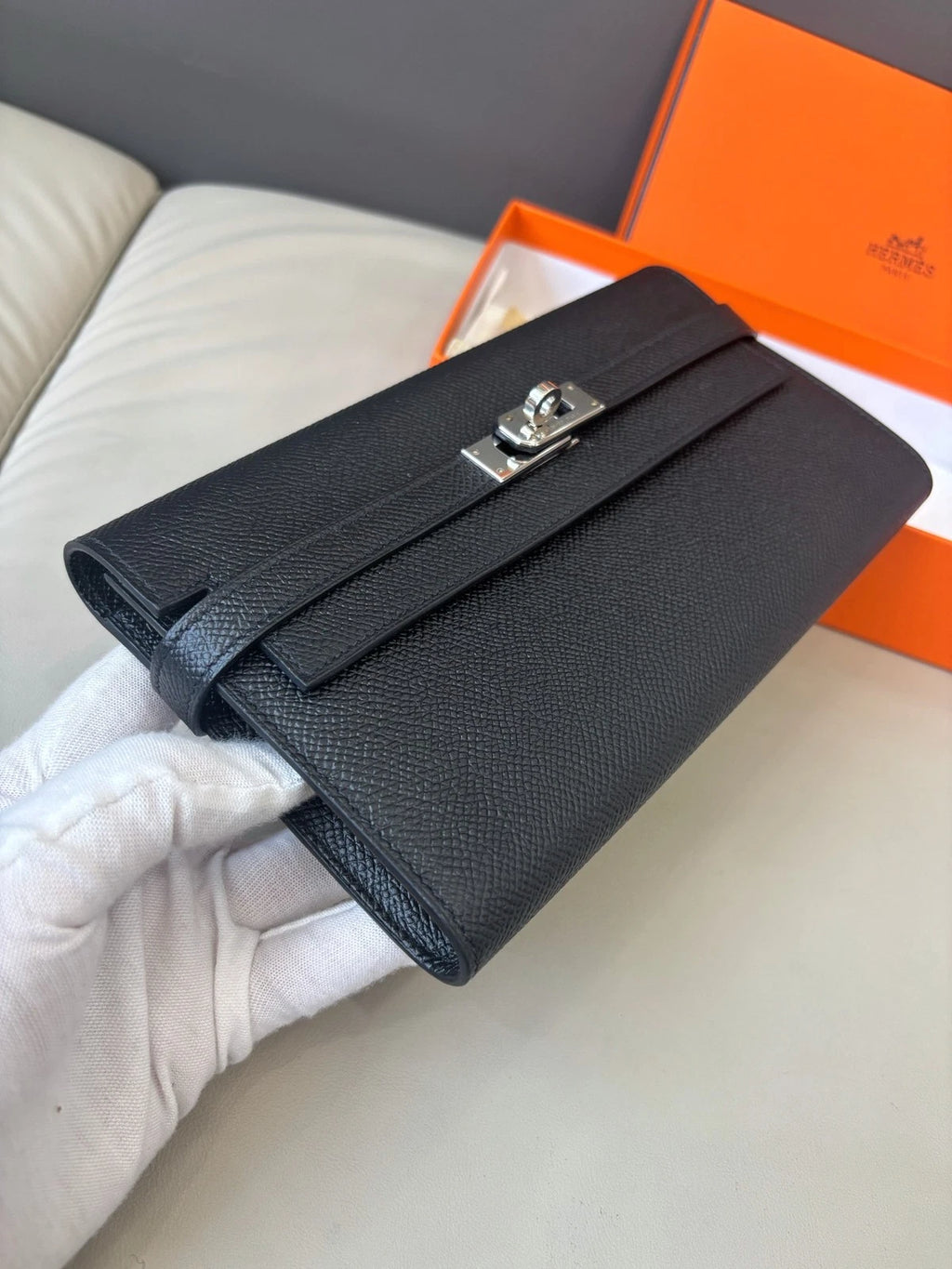 Hermès Kelly Long Wallet Card Holder Daily Use Black Silver Women Classic