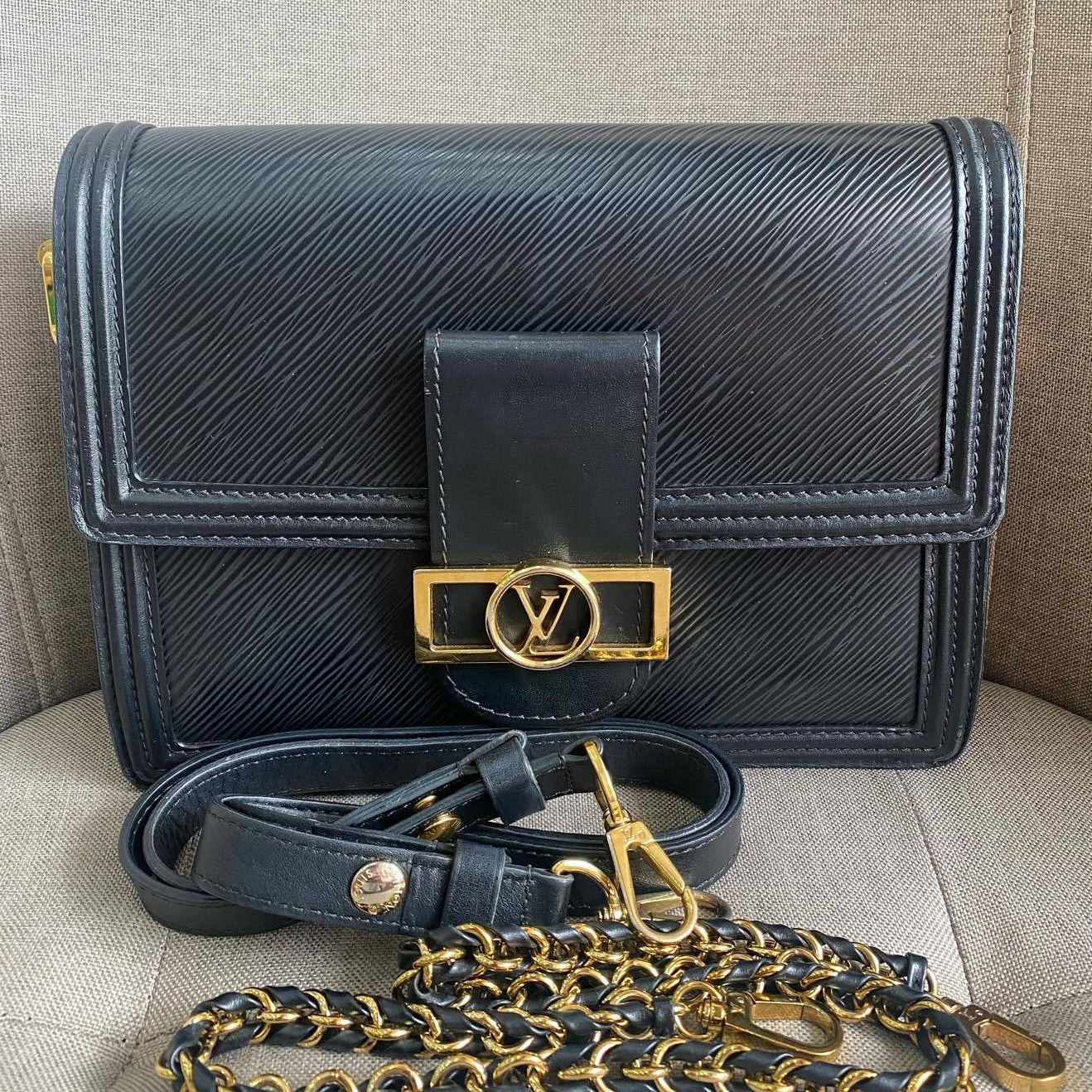 Louis Vuitton Daphne Chevron Medium Chain Shoulder Bag Black Gold