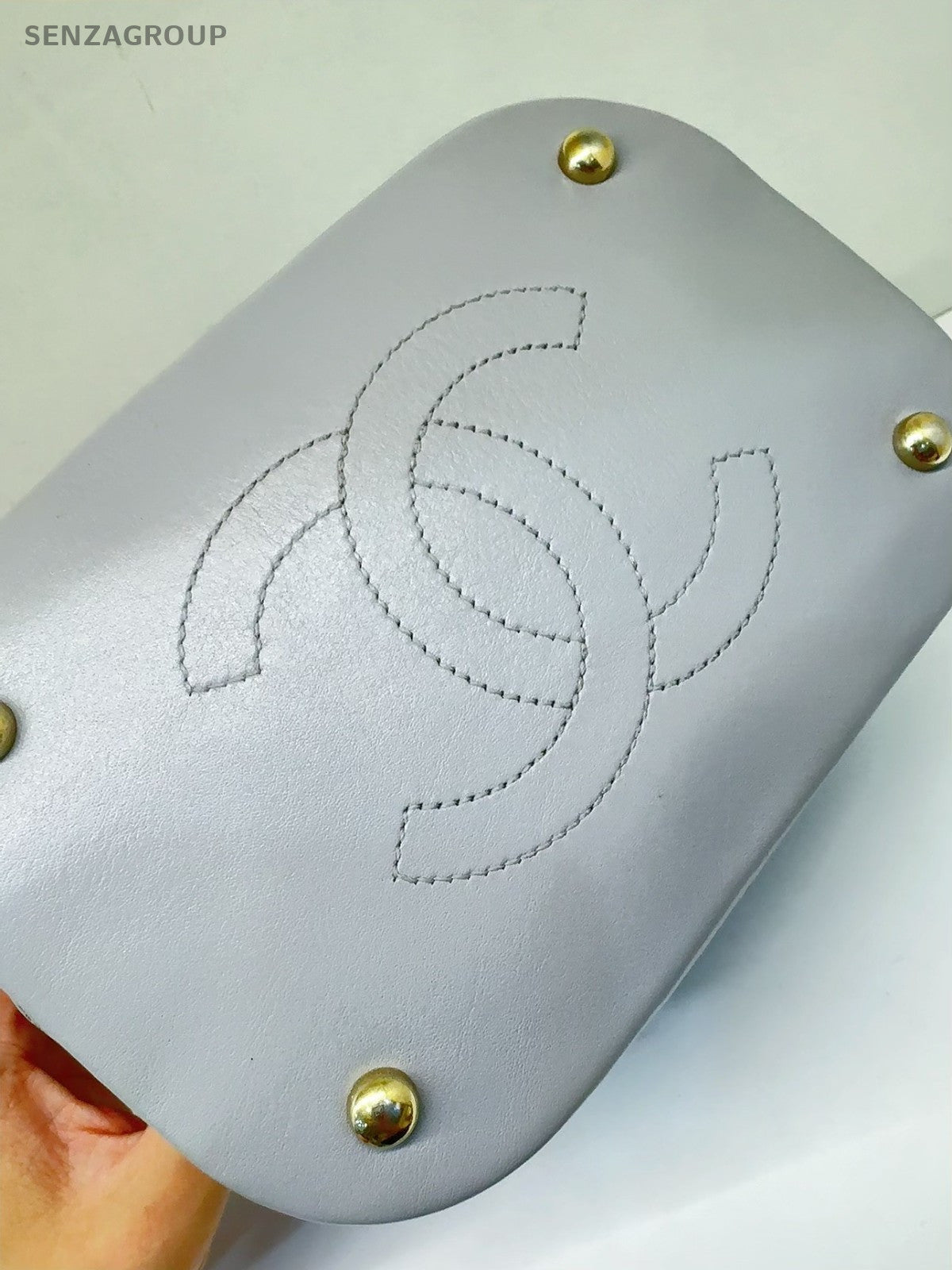 CHANEL Bucket Drawstring Calfskin Chain Shoulder bag Crossbody Gray Gold Women