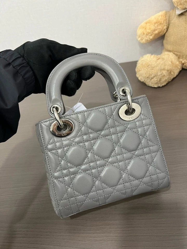 Dior Gray Leather Lady Dior Top Handle Shoulder Bag For Women
