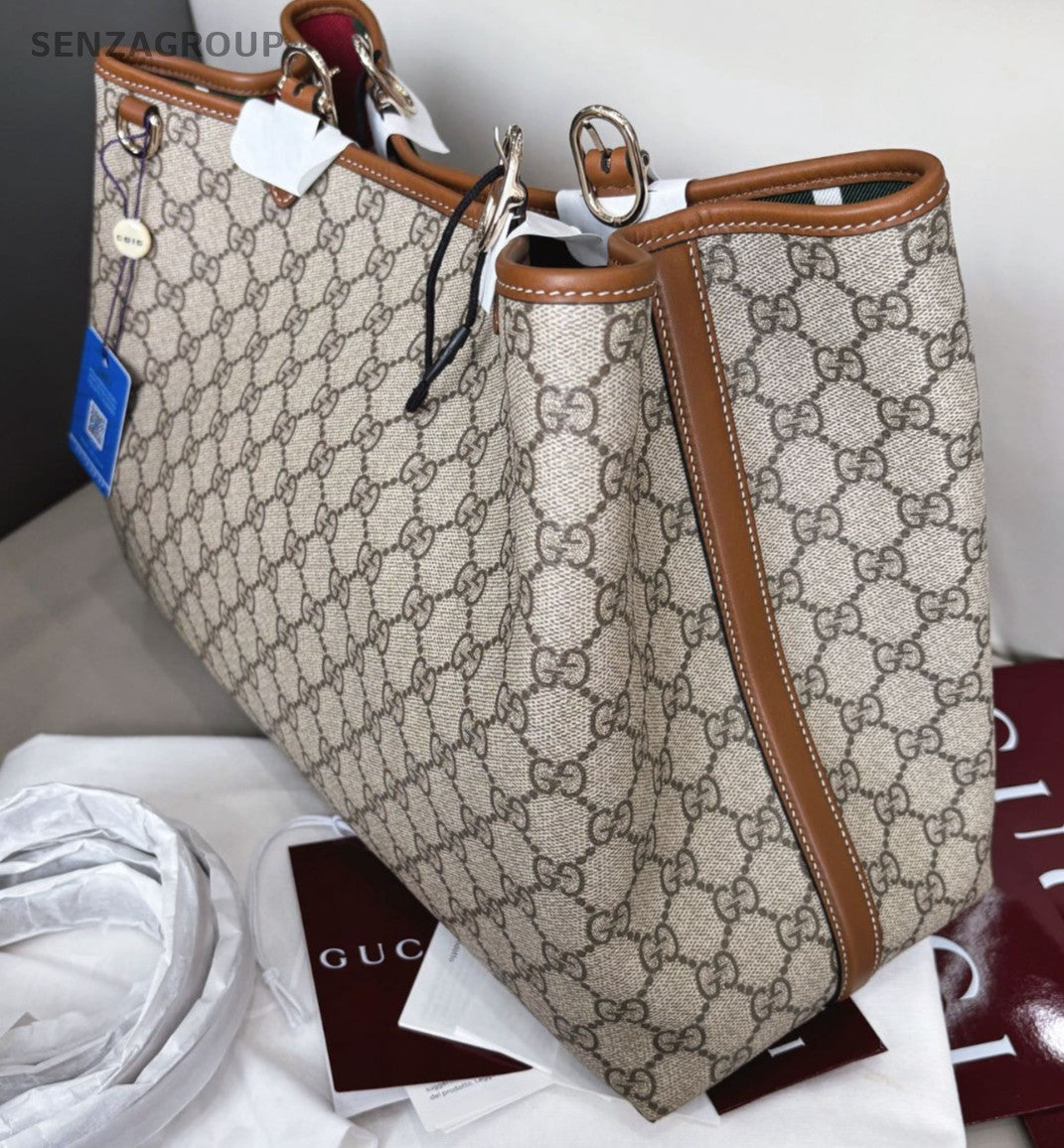 Gucci Emblem GM Shoulder Tote Bag Gray Women Brand New