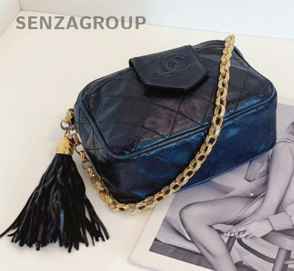 Chanel Diamond Chain Tassel Shoulder Bag Black Gold Used Women Classic Vintage