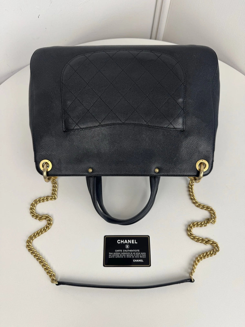 Authentic Chanel Calfskin Tote Black Handbag Gold Chain Shoulder Bag Turnlock