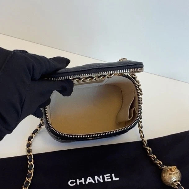 Authentic Chanel Black Vanity Case Diamond Crossbody Bag with Gold Ball Chain